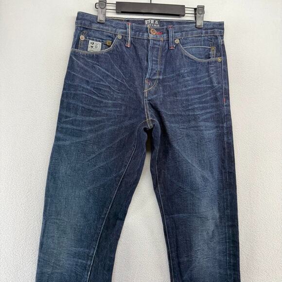 Under Two Flags Jeans Men's 30 Blue Selvedge Denim Dark Wash Whisker Button Fly - Picture 2 of 15